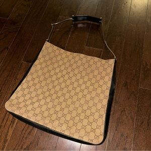 Gucci Beige and Black Canvas Leather Shoulder Bag with Horsebit Accent